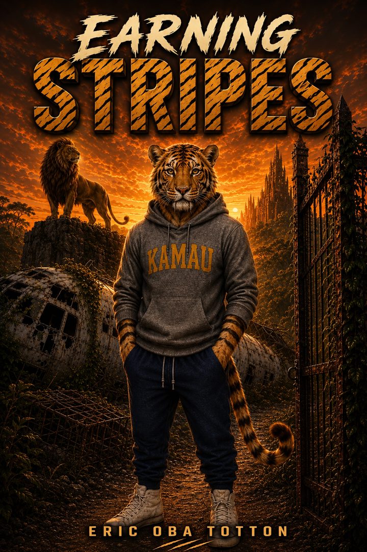 Earning Stripes book cover — Kamau, a tigon in a hoodie, standing between a lion's ridge and the gates of The Oasis at sunset
