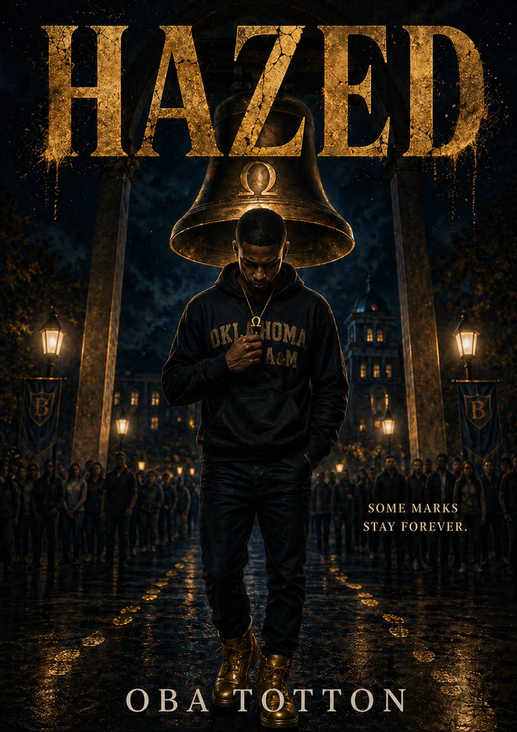 Hazed book cover — a hooded student in an Oklahoma A&M hoodie stands beneath a great bell on a rain-soaked campus at night, a gold ankh pendant in hand.